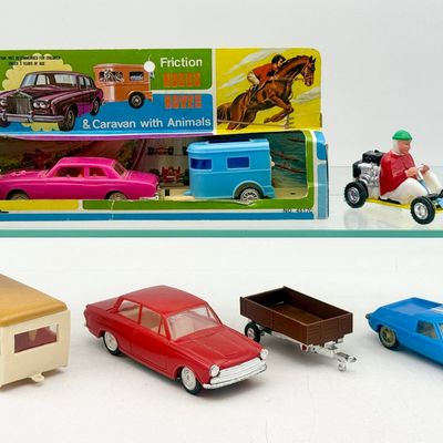 4 Vintage Hong Kong Plastic Toy Vehicles and Box