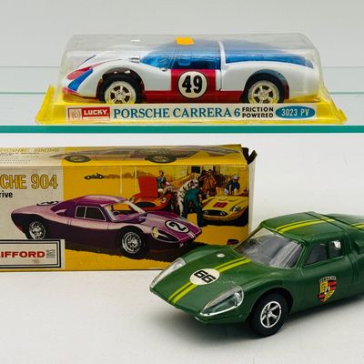 2 Vintage Porsche Friction Powered Toy Racing Cars one factory sealed