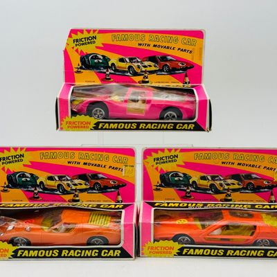 Three Vintage Famous Racing Car Friction Toys in Original Boxes