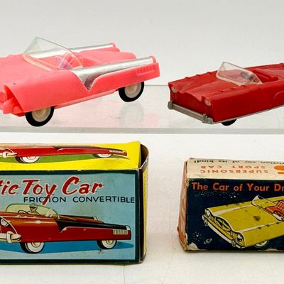 2 Vintage TAT and Maks Friction Powered Toy Cars with Boxes