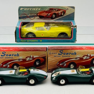 2 OK Toys Battery Operated Ferrari and Scarab Racing Cars