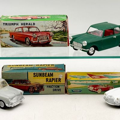 3 Vintage Hong Kong Plastic English Autos w/Original Boxes