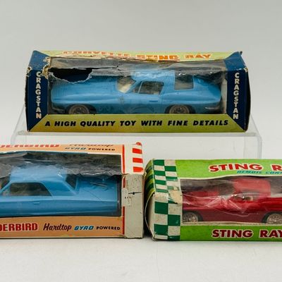 3 Boxed Vintage Plastic Cars Including Cragstan Corvette and Thunderbird