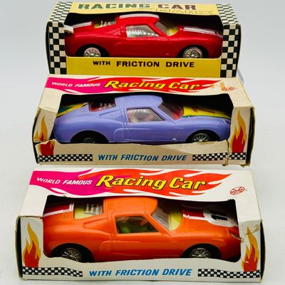 3 Vintage Marx GT 40's Friction Drive Plastic Racing Cars in Boxes