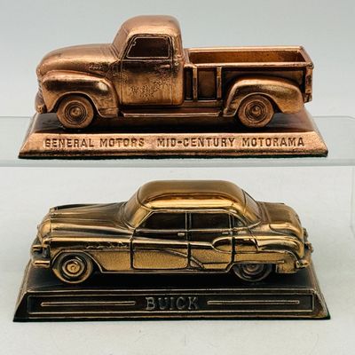 2 Vintage General Motors Bronze Metal Promotional Model Paperweights