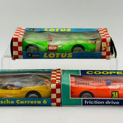 3 1960's Vintage Hong Kong Friction Powered Racing Cars in Boxes