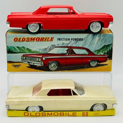 2 Vintage Hong Kong Plastic Friction Powered 1964 Oldsmobile Cars