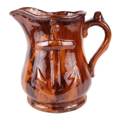 Relief-Molded American Redware Anchor Pitcher, possibly NJ or Pennsylvania