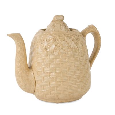 Stamped J.E. Jeffords & Co. (Philadelphia, PA) Relief-Molded Yellowware Basketweave Teapot