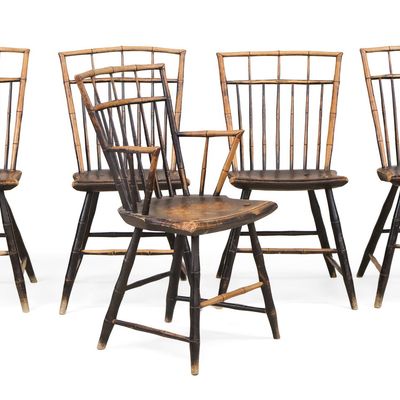 Set of Five Bamboo Simulated Paint-Decorated Ash and Pine Windsor Chairs