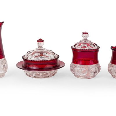 Six Ruby and Clear Pressed Glass Table Articles