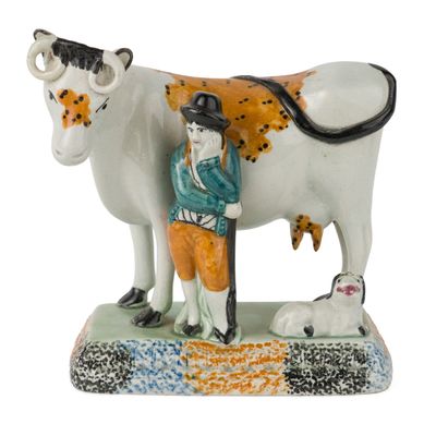 English Yorkshire Prattware / Pearlware Cow and Shepherd Figural Group