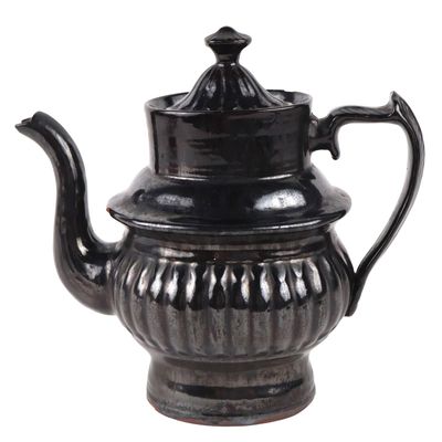 American Black-Glazed Relief-Molded Redware Oval Coffee Pot (Probably Philadelphia, PA)
