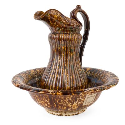 Stamped Bennington Flint-Enamel / Rockingham-Glazed Ewer and Wash Bowl