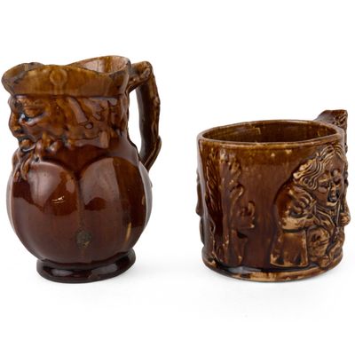 Stamped New Jersey Relief-Molded Rockingham-Glazed Toby Mug and Toby Face Jug