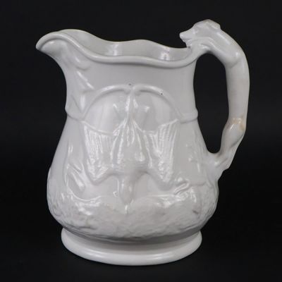 American Relief-Molded Hound-Handle Whiteware Hunt Scene Pitcher Stamped "HP", Possibly NJ