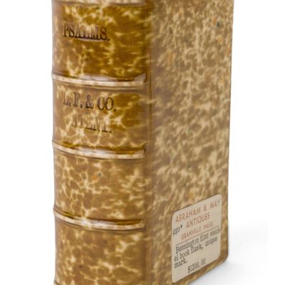 Rare Bennington Flint-Enamel / Rockingham-Glazed Figural Book Flask Stamped "PSALMS / L.F. & CO."