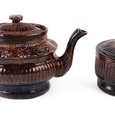 American Brown-Glazed Relief-Molded Redware / Earthenware Teapot and Sugar Bowl (Possibly