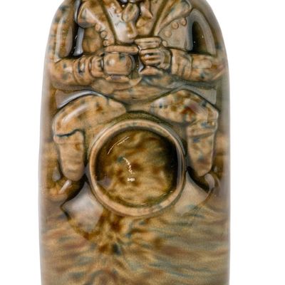 American Flint-Enamel / Rockingham-Glazed Figural "Toby on a Barrel" Yellowware Flask / Bottle,