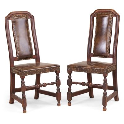 Near Pair of William and Mary Turned and Joined Maple "Leather Back" Side Chairs