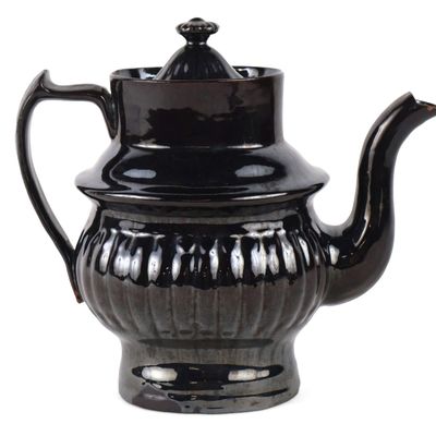 American Black-Glazed Relief-Molded Redware Oval Coffee Pot (Probably Philadelphia, PA)