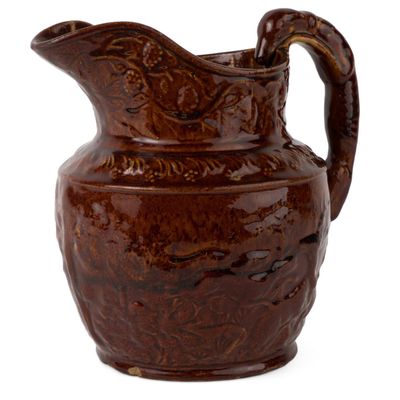 Stamped "BALLARD & BROTHERS" (Burlington, VT) Rockingham-Glazed Relief-Molded Stoneware Pitcher