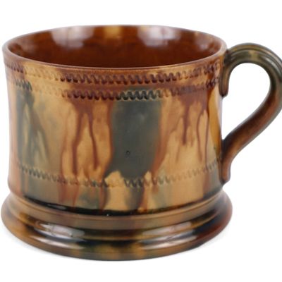 East Liverpool, Ohio Flint-Enamel / Rockingham-Glazed Pottery Mug with Frog