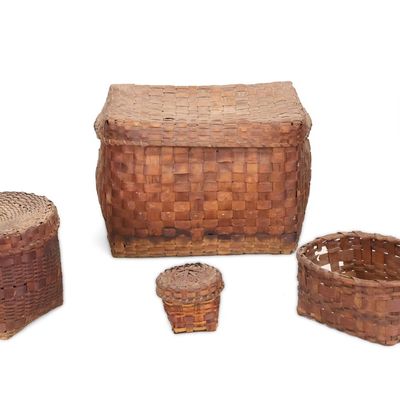 Group of Northeastern Native American Polychrome-Decorated Splint Woven Baskets
