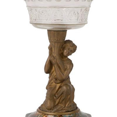 Figural-Stem Kerosene Stand Lamp with Flint-Enamel / Rockingham Glazed Pottery Base