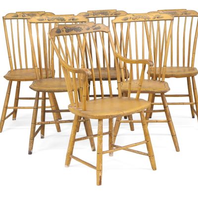 Set of Six Yellow and Green Fancy-Painted Windsor 'Step-Down' Dining Chairs