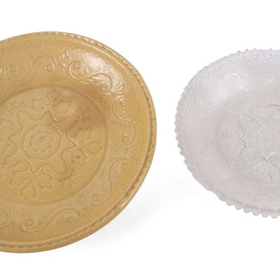 American Yellowware Nappy / Dish with Relief Decoration from Pressed Lacy Glass Plate