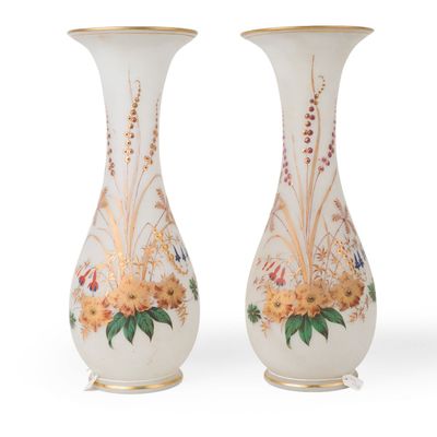 Pair of Enameled Floral Decorated Opaline Glass Vases