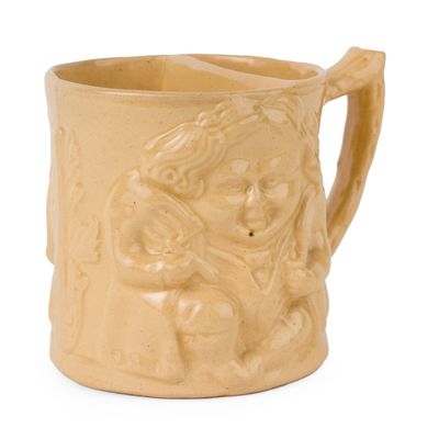Signed E. & W. Bennett (Baltimore, MD) Relief-Molded Yellowware Toby Shaving Mug