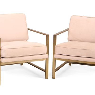 Pair of West Elm Gold-Toned Metal Frame Upholstered Armchairs