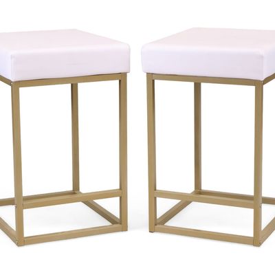 Pair of Contemporary White Leather and Gold-Toned Metal Stools