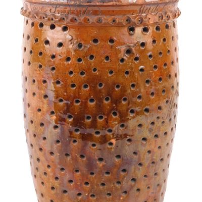 Unusual British Redware Colander / Pierced Jar Presented to "Mrs. Scot" (South Cove, Suffolk)