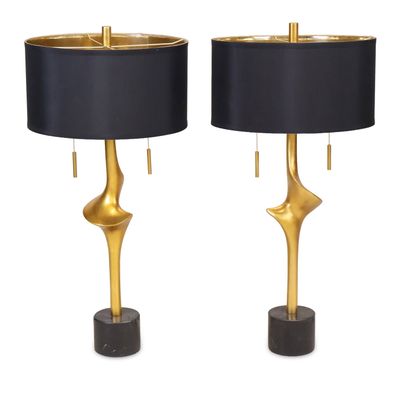 Pair of Possini Style Euro Minerva Gold Leaf Black Table Lamps
