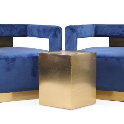 Pair of Meridian Armani Style Blue Velvet and Gold Toned Metal Accent Chairs