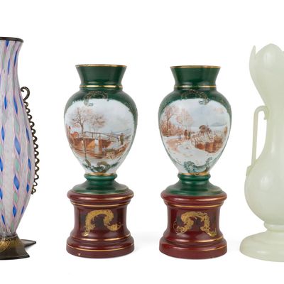Pair of Hand-Painted Opalescent Glass Vases