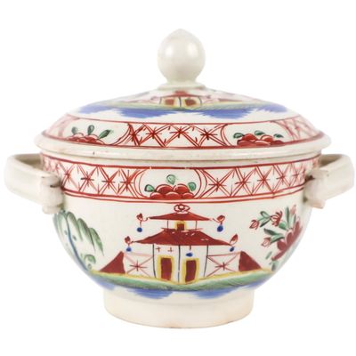 English Creamware Covered Sugar Bowl with Chinoiserie Motifs