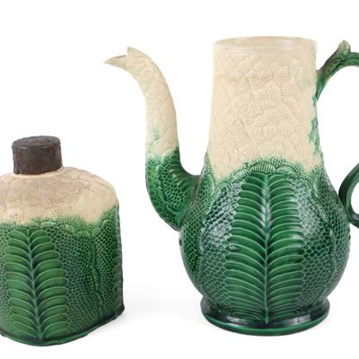 English Relief-Molded "Cauliflower" Creamware Coffee Pot and Tea Canister