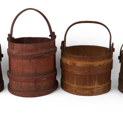 Group of Stained and Painted Wood Buckets and Firkins