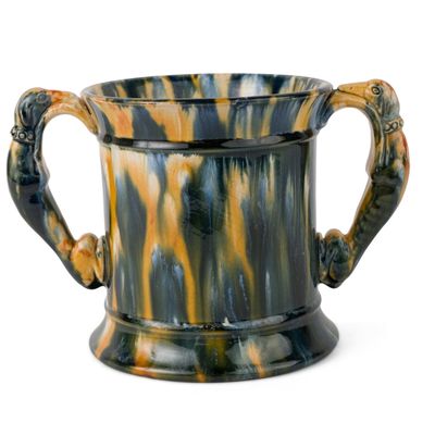 English or Scottish 19th Century Yellowware Hound-Handled Loving Cup with Frog