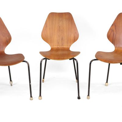 Three Vintage Danish Mid-Century Modern Bent Plywood Stacking Chairs