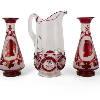Pair of Parcel-Gilt Ruby and Frosted Glass Vases