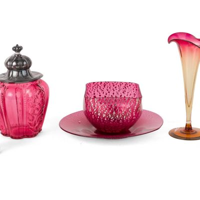 Group of Ruby and Cranberry Colored Glass Table Articles