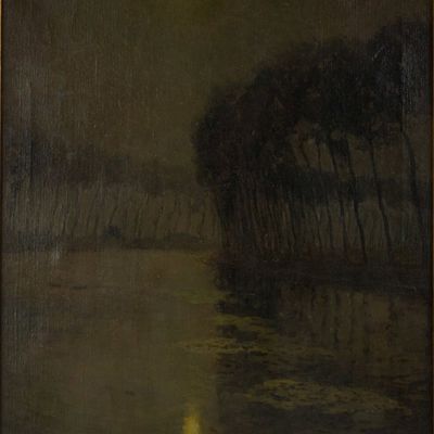 Charles W. Eaton, American 1857-1937, Moonlight on Bruges Canal, Oil on Canvas