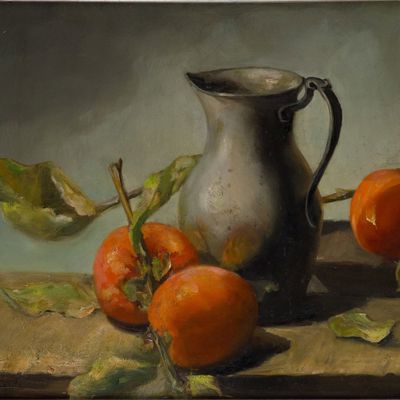 Gladys Castagnola, California 20th C., Still Life with Oranges and Pitcher, Oil on Board