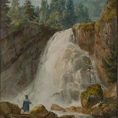 Eduard Gurk, 1801-1841, Fisherman at the Falls, Watercolor on Paper