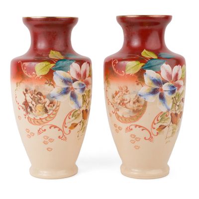 Pair of Victorian Hand-Painted Bohemian Cream Glass Vases